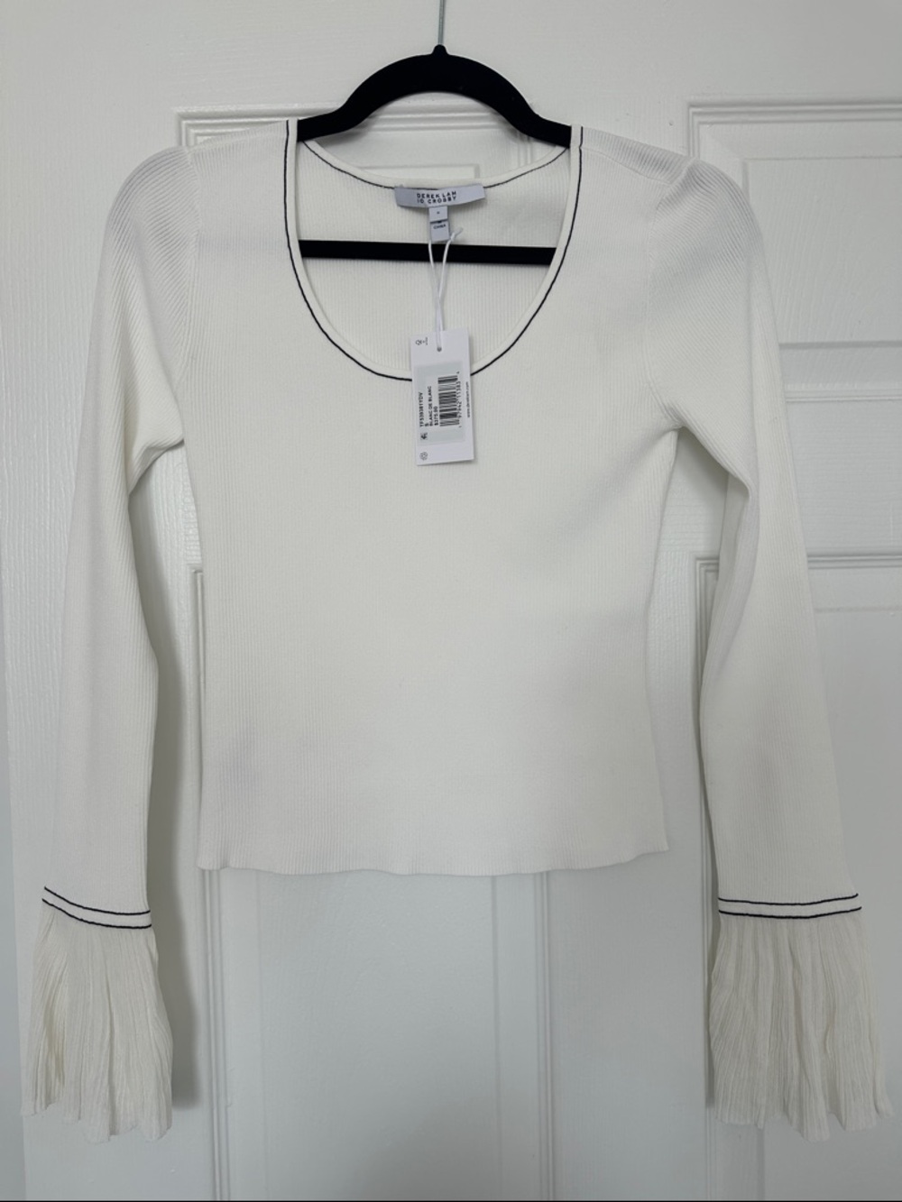 Reformation White Ribbed Scoop Neck Top with Fringe Cuffs